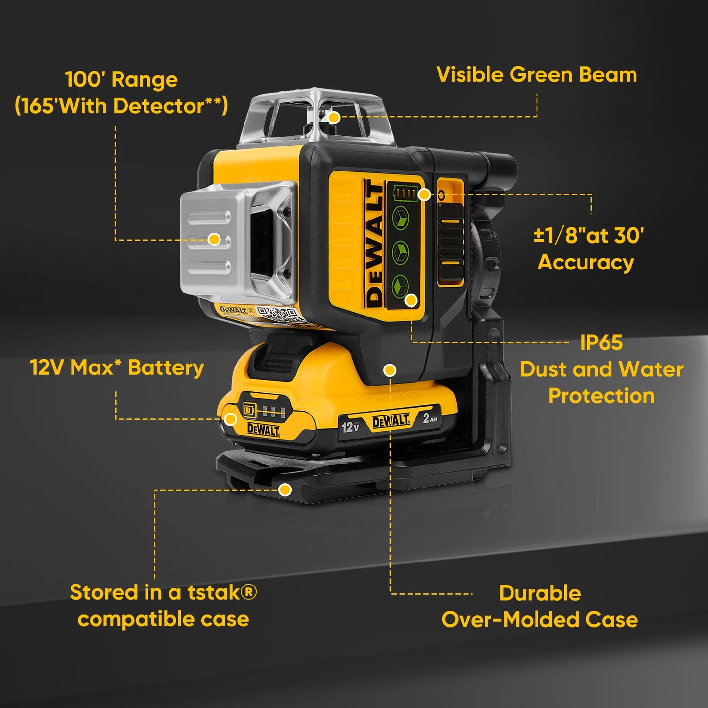 DEWALT! 360 Degree Vertical Horizontal Green Light Level. + Battery 12V Max